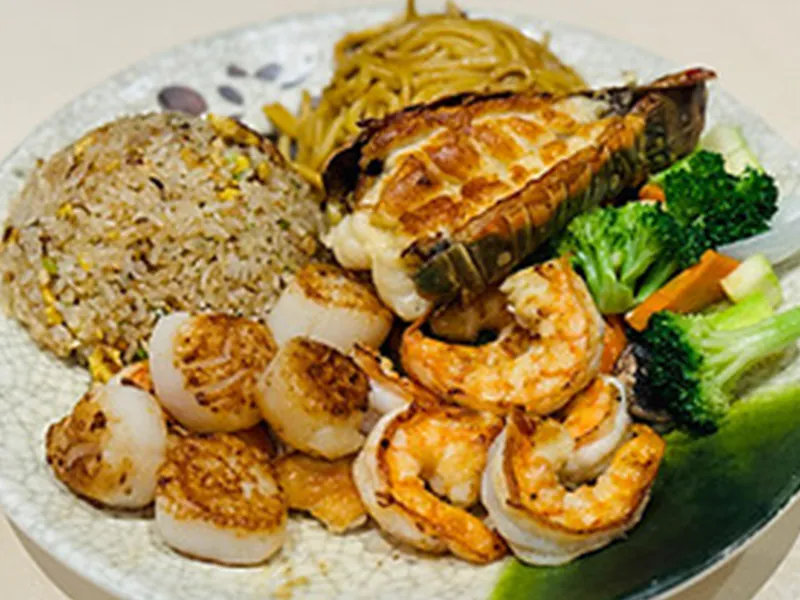 Seafood combo platter with fried rice at AJ Hibachi Steakhouse, an Asian Restaurant in Cheshire