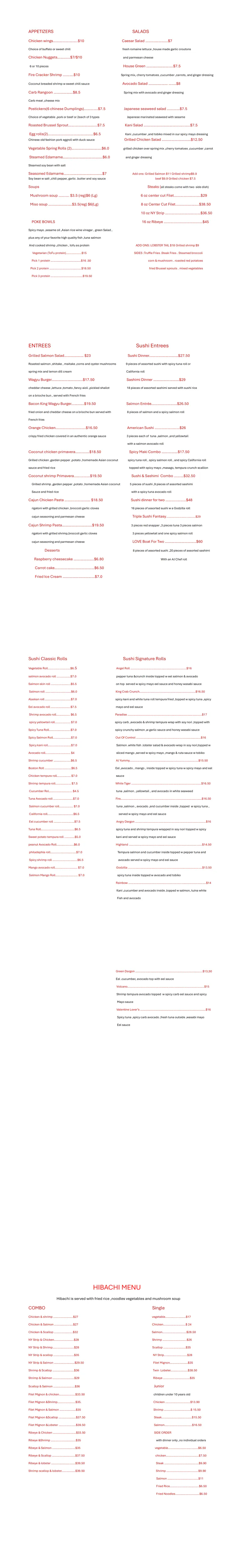 AJ Steakhouse Cheshunt Full Menu with Salads, Appetizers, Steaks, Poke Bowls, Sushi, Entrees, Hibachi, Desserts and Sushi Rolls with Prices